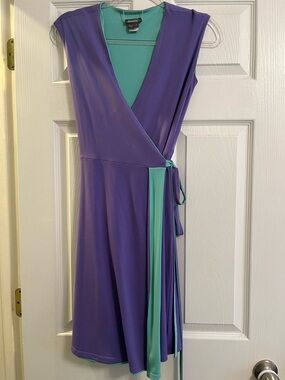 Musette Purple Wrap Midi Dress with Teal Accents reversible